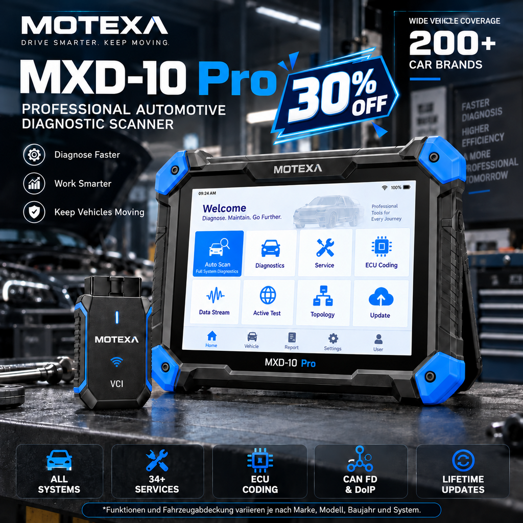 Das Kfz-Diagnosegerät MOTEXA MXD-10 Pro unterstützt die Gesamtsystemdiagnose, die Online-Codierung von Steuergeräten sowie mehr als 34 Wartungsfunktionen.