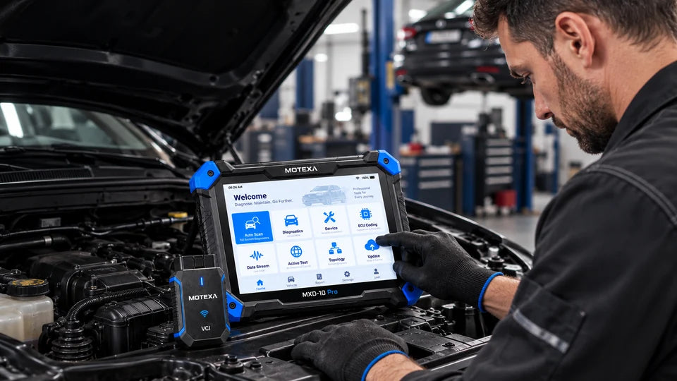 Illustrative Werkstattszene: Diagnose mit dem MOTEXA MXD-10 Pro am Fahrzeug